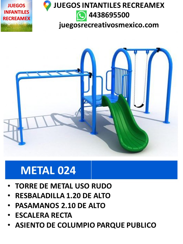 modulo de metal para uso rudo con resbaladilla, escalera recta, pasamanos y columpios